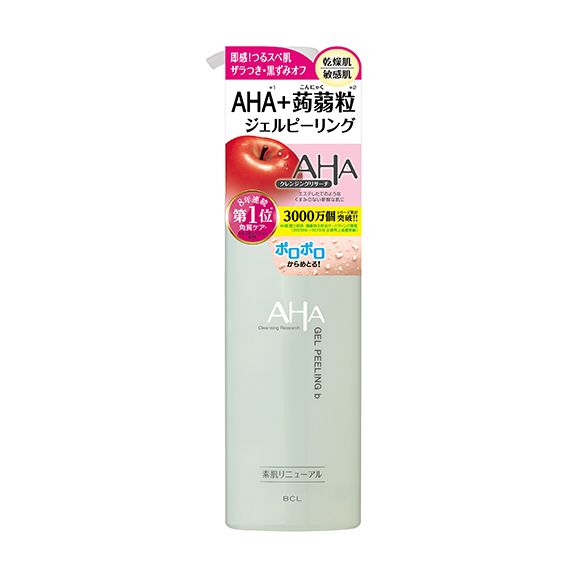 【BCL AHA Gel Peeling b (日元1,100円连税)】 含AHA、蒟蒻粒，发酵梨汁提取物等，乾燥、敏感肌适用，帮助去除角质污垢。 ｜适合肤质︰乾燥、敏感肤质｜特点︰水感凝胶质地，使用感舒适