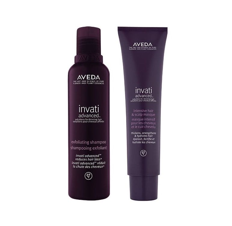 (左)Aveda NVATI ADVANCED™ 头皮净化洗髮水（轻柔/滋润配方）| (右)Aveda invati advanced™ 头皮滋润丰盈髮膜 有效深层滋润头皮，温和去除头皮的老化角质，净化及促进更新，使头髮变得滋润及强壮健康。