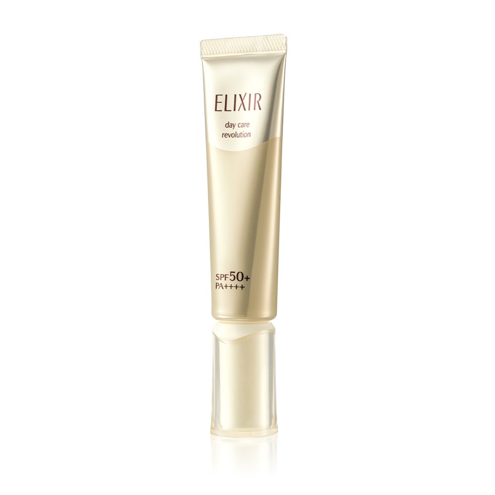 ELIXIR Day Care Revolution SPF50+ PA++++｜日元3,080円 连税/ 35ml 早上涂上化妆水后使用，具备乳液、底霜和保护皮肤三种功效，适合忙碌的都市女性。涂上后于皮肤上形成美容液保护膜，长效修护皮肤。