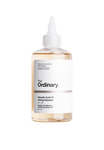 The Ordinary Glycolic Acid 7% Toning Solution 240ml 售价HK$90 | 容量240ml。 主打去角质功效的7%甘醇酸化妆水，温和果酸成分配合保湿植物萃取成分，洁面后配合化妆棉轻擦面部和颈部，有效去除老废角质，油性肌亦可湿敷T区改善黑头粉刺。用后皮肤平滑有光泽，敏感肌慎用。