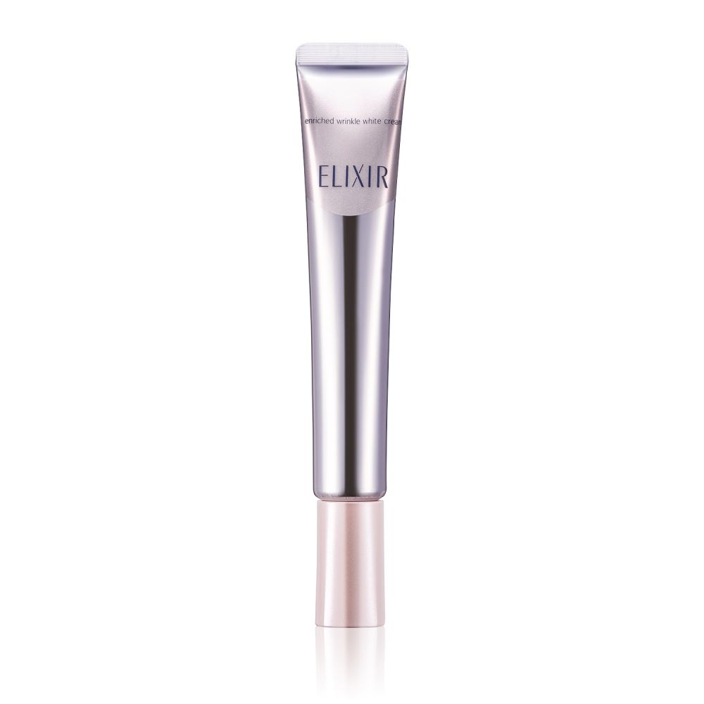 ELIXIR Enriched Wrinkle White Cream(日元9,460円连税/ 22g) 添加日本官方认证定的有效抗皱成分──高纯度维他命A，有效减少眼周细纹。亦含有美白成分m-传明酸，可以改善肤色暗沉不均的问题。