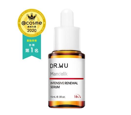 杏仁酸：DR.WU Skincare Hong Kong 杏仁酸亮白焕肤精华 18% 15ML（中性、油性肌适用) HK$220 。 杏仁酸是果酸的一种，相对温和，可快速清除表面角质堆积，深入毛孔有效清除黑白头粉刺，改善暗沉、肤色不均、毛孔粗大、皱纹等问题。