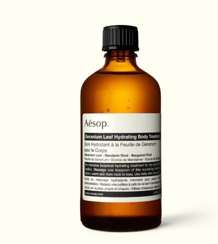 6. Aesop 天竺葵润体精油 100mL | HK$240 精华油拥有维他命E，具备抗氧化的功能，当中的甜杏和澳洲胡桃精油可以软化肌肤，使用的时候可以加以按摩，也可以加在身体乳霜使用，加强保湿效果。