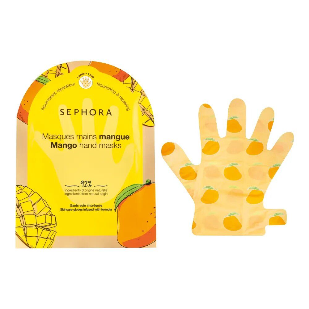 【SEPHORA COLLECTION Clean Hand Masks 售价HKD$35│容量1 Pair】手膜採用了92％全天然成分製成，蕴含芒果、黄瓜等植物提取物，具有丰富的脂肪酸、氨基酸和矿物质，为双手带来最深层的修护，有助修复、舒缓和滋养乾燥的皮肤。