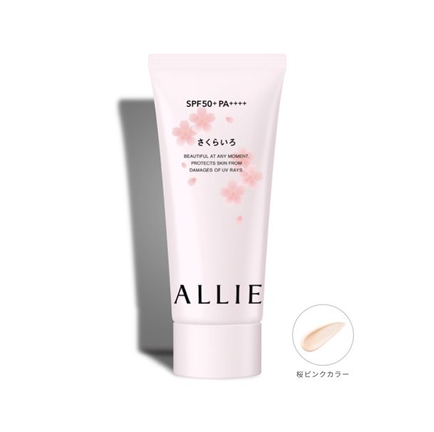 ALLIE Sakura glossy skin finish UV gel (1800円/60g)：ALLIE樱花底霜散发着淡淡的樱花香气，而且妆效十分持久，不易脱妆，同时亦加入了透明质酸成分，有效为肌肤保湿。