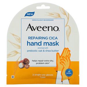 【Aveeno Repairing Cica Hand Mask│售价USD$23.99│容量6 Pair】若你的肌肤属于容易过敏的状态，Aveeno的护手膜便很适合你。它以丰富的乳木果油和燕麦成分製成，可温和滋润肌肤，无论是一般肌、乾燥肌、敏感肌等都适用，只需使用10分钟即可为粗糙的肌肤提供高效的保湿与滋润。