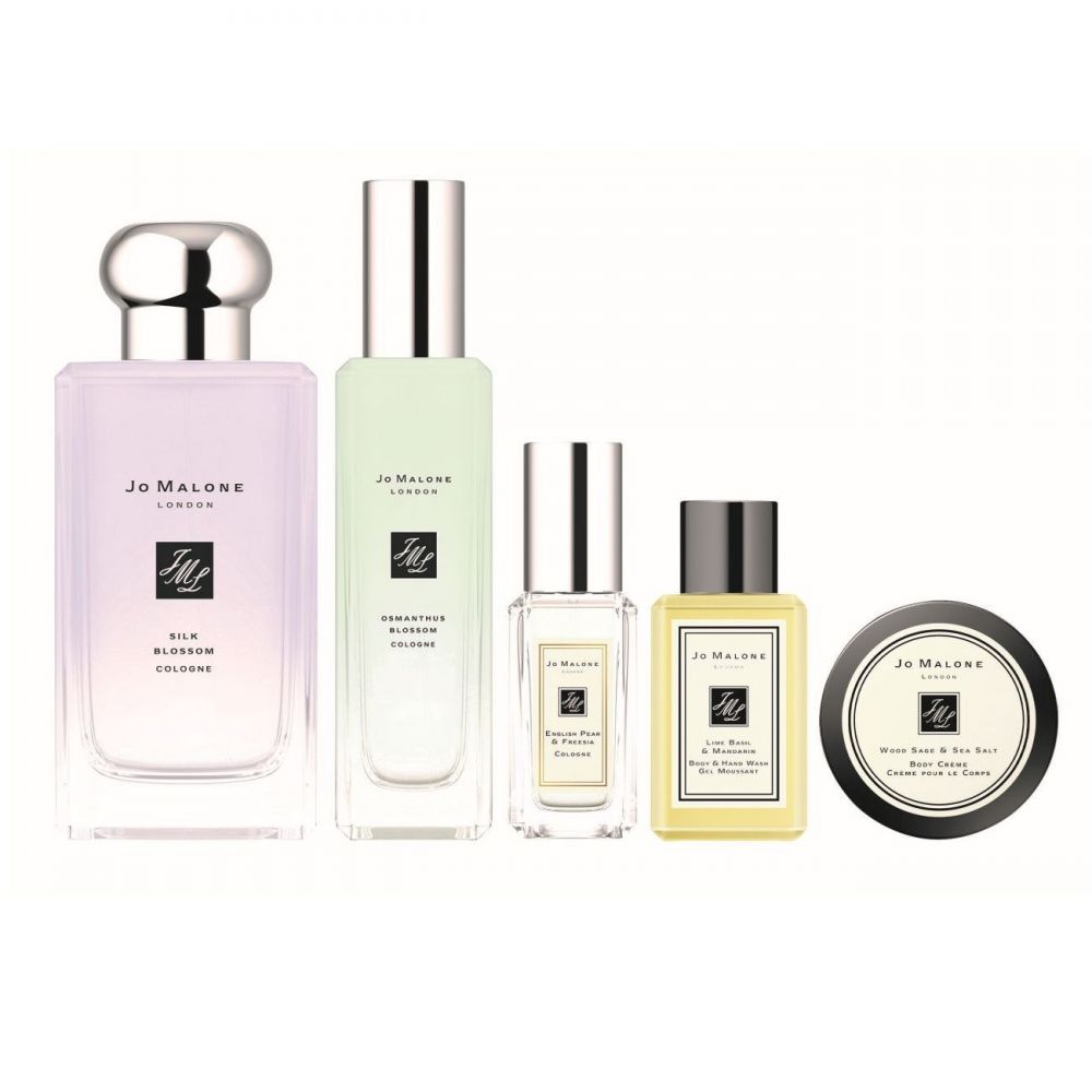 JO MALONE LONDON 限量恬静花园合欢花古龙水组合 $1,710｜ 恬静花园合欢花古龙水100ml、恬静花园桂花古龙水30ml、英国梨与小苍兰古龙水9ml、青柠罗勒与柑橘手部及身体沐浴凝胶15ml，以及鼠尾草与海盐润肤乳霜 15ml