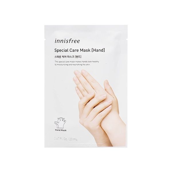 【innisfree Special Care Mask│售价HKD$25│容量1 Pair】韩国必买的人气护理产品之一。添加了7种不同的大自然草药，可为容易乾燥、乾裂的手部肌肤提供保湿和营养，使双手变得柔软滋润，十分适合双手粗糙、有硬皮、厚茧，或指缘处容易乾燥脱皮、脱屑、长倒刺的人士使用。