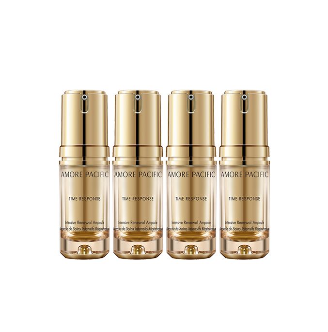 焕采活肤高效精华疗程TIME RESPONSE Intensive Renewal Ampoule $3,800/ (7ml+0.6g) x 4瓶｜ 天然成份取自济州自家茶园的珍罕绿茶「雨前一™」，抗氧效能比维他命E高出2000%。针对肌肤衰老徵兆，修复肌肤细胞，促进胶原蛋白再生。持续使用4星期，有效改善肌肤弹性及抚平细纹。