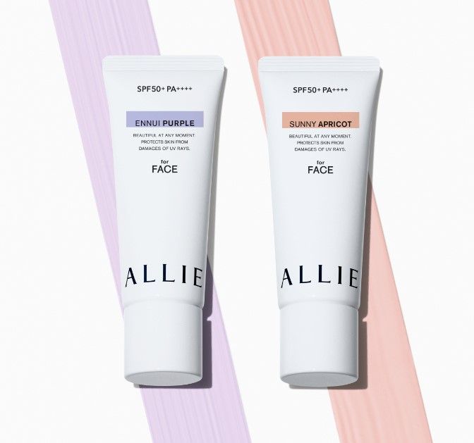 ALLIE Colour Tuning UV purple/apticot SPF50+ / PA++++ (各2,164円/40g)：ALLIE新推出的防晒霜具有调色功能，除了能阻挡紫外线外，也能有效令肌肤具有光泽感。