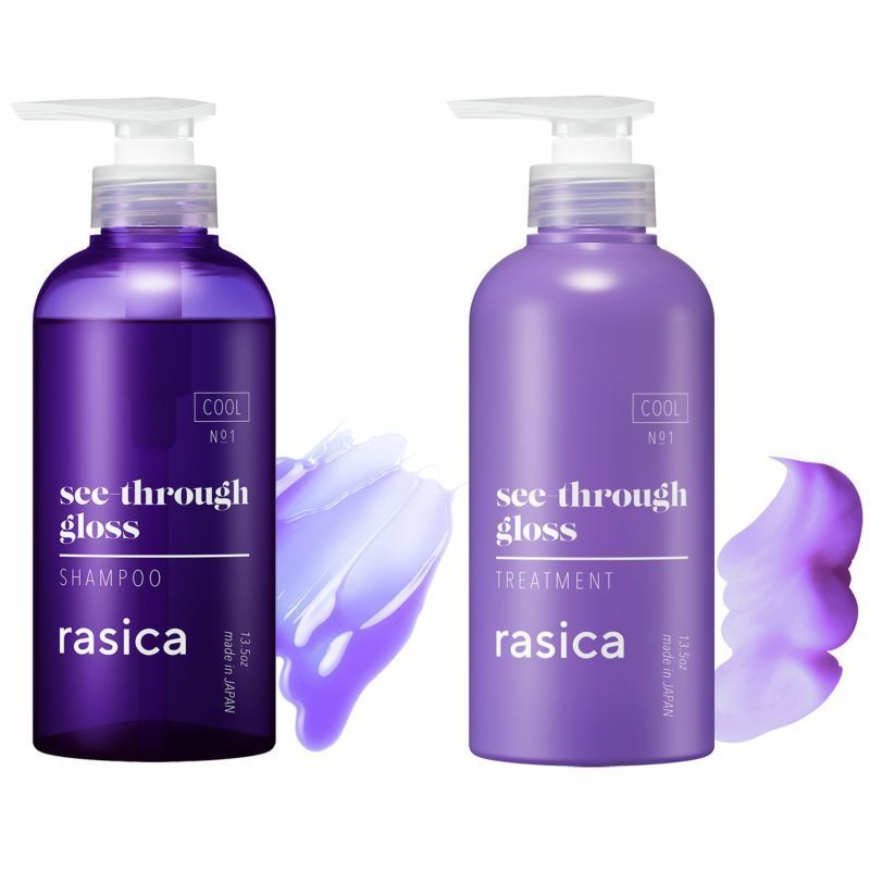 rasica see-through gloss SHAMPOO &TREATMENT 这款紫色的洗头水及护肤素，专为染后的头髮而设，分别有COOL 及WARM配方可选。COOL为泠色系髮色而设(包括蓝色/黑色)，WARM 为暖色系髮色而设(包括红色/啡色等)，预防头髮掉色。加入美容成分，提升透明感及健康光泽。