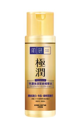 【Top 6】肌研金极润特浓保湿紧緻精华水170 mL│HK$145；这款精华水蕴含5种透明质酸、丰富的胶原蛋白与多肽，可以加强肌肤弹性、饱满度及紧緻度之余，更激活胶原蛋白的增生，有效减少细纹增生。虽然这款精华水的质感偏浓稠，但胜在吸收力快，可迅速渗透肌肤底层，用后会清爽而不黏腻。