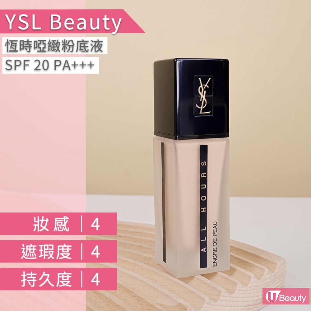 7. YSL恆时哑緻粉底液 售价 $570 / 30ml(#B20) 持久度及遮瑕度表现优秀，粉底液不易脱落、完妆后不显毛孔。妆感乾净服贴，霜状质地却不黏腻不拔乾，推荐给中性至油性肌肤在夏天使用。