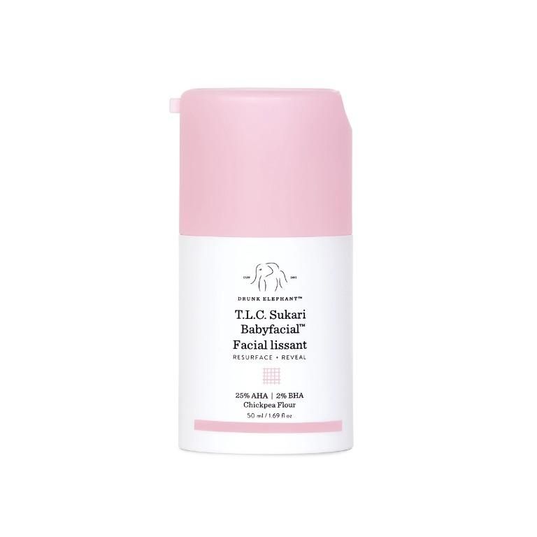 Drunk Elephant T.L.C. Sukari Babyfacial 售价HK$625 | 容量50ml。 被喻为婴儿肌面膜，含有25%果酸和2%水杨酸，黄色奶油乳霜质地，有效深层清洁黑头、暗粒及粗大毛孔，从而达到平滑细纹的焕肤效果。不少用家使用后都大讚效果显着，受到众多外国美妆达人推介。