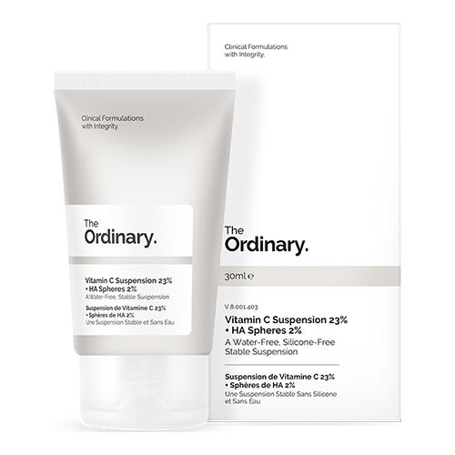 The Ordinary Vitamin C 23% Suspension +HA Spheres 2% 售价：HK$48 | 容量：30ml。 蕴含23%高纯度维他命C及2%透明质酸精华，专为肤色不均、初老肌肤症状而设，有效抗氧化、亮泽肤色，改善色素沉着肤况。